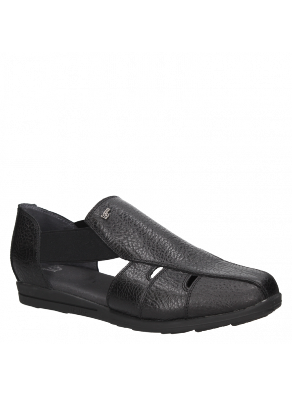 Sandalia negra de cuero para mujer, estilo casual, taco plano y punta redonda.
