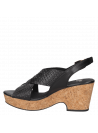 Sandalia negra de cuero para mujer, estilo informal, con taco bloque de 7.5 cm y punta abierta.