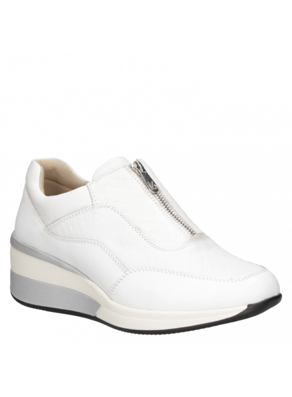 zapatilla de cuero blanco para mujer con diseño moderno y minimalista, estilo slip-on y cierre decorativo superior