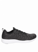 zapatilla negra de mujer, textil y sintético, diseño moderno y suave, ideal para uso urbano diario.