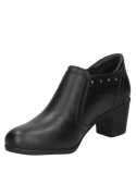 Botín casual de cuero negro para mujer, con diseño contemporáneo, perfecto para ocasiones informales y días de oficina.