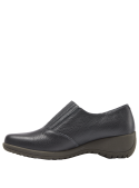 Zapato casual de cuero azul para mujer, con diseño estilizado y versátil, banda elástica y cierre decorativo.