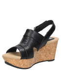 Sandalia negra de cuero para mujer, estilo informal con taco cuña de 8 cm y punta abierta.