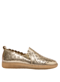 Zapato de cuero oro casual para mujer con taco plano de 3.3 cm y punta redonda.