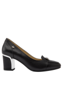 Zapato negro de cuero para mujer, estilo casual, con taco bloque de 6.5 cm y punta redonda.