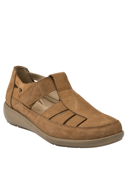 Zapato casual de cuero camel para mujer con taco cuña de 3.3 cm, ideal para uso diario.