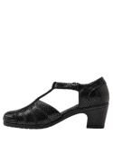 Zapato casual de cuero negro para mujer, destacando su forro de steam pu y confort.