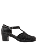 Zapato negro casual de cuero para mujer con taco bloque y punta redonda, ideal para uso diario.