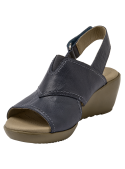 Sandalia azul de cuero para mujer con taco cuña de 6.4 cm y punta redonda, estilo casual.