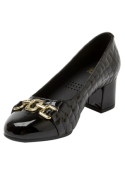 Zapato negro de cuero para mujer, con taco cuadrado que proporciona estabilidad y comodidad al caminar.