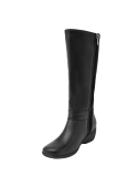 Bota femenina en cuero negro, combinando simplicidad y detallismo, cómoda para el uso diario y ocasiones formales.
