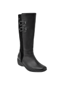 Calzado de cuero negro para mujer, con caña alta y hebillas decorativas, ideal para climas fríos y looks casuales.