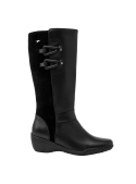 Bota negra casual de cuero para mujer, con diseño elegante y sobrio, perfecta para el estilo urbano funcional.