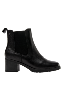 Elegante botín de cuero negro para mujer, estilo Chelsea, con tacón cuadrado mediano que ofrece comodidad y estabilidad.