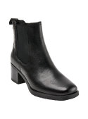 Botín negro Chelsea de cuero para mujer, clásico, caña media, cierre elástico lateral, perfecto para look urbano.