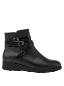 Calzado casual de cuero negro para mujer, botín cómodo y resistente al desgaste.
