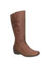 Bota de cuero café para mujer, estilo casual, con caña alta y hebillas decorativas, ideal para días fríos y looks urbanos.
