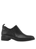 Botín de cuero negro para mujer, estilo casual, taco plano de 2.5 cm, comodidad y durabilidad.