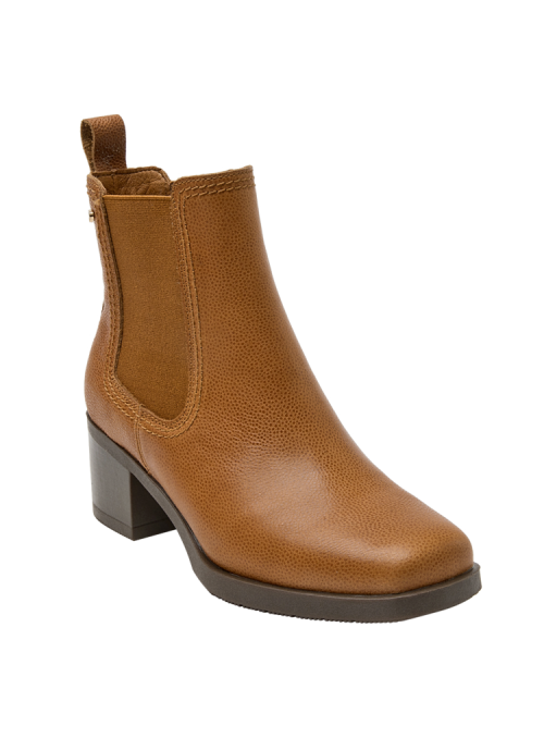 Cómodo botín Chelsea de cuero en color camel, con puntera redondeada y caña media, apto para el uso diario.
