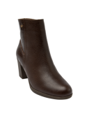 Botín marrón de cuero para mujer, diseño minimalista y sofisticado, perfecto para combinar con faldas midi o jeans ajustados.