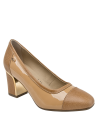 Zapato de mujer en cuero camel charol, estilo elegante con detalle brogue y tacón cuadrado, ideal para eventos profesionales.
