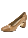 Zapato de mujer camel en charol, estilo formal con brogue y tacón cuadrado, ideal para eventos elegantes.