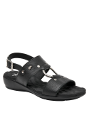 Sandalia negra de cuero para mujer, estilo informal, combina resistencia y ligereza.