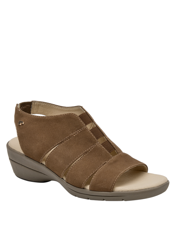 Calzado de cuero café femenino, ideal para días calurosos, diseño anatómico y cómodo para uso prolongado.