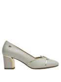 Zapato blanco de cuero para mujer con punta redonda y taco bloque de 6.5 cm.