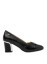 Zapato negro de cuero para mujer, estilo casual con taco bloque de 6.5 cm y punta redonda.