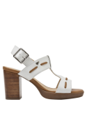 Sandalia blanca de cuero para mujer, estilo casual, con taco bloque de 8 cm y punta abierta.