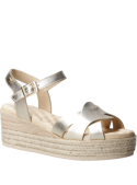 Sandalia de cuero oro para mujer, casual y elegante, con taco de cuña de 9.5 cm.