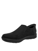 Zapatilla negra de hombre en cuero y textil, mocasín casual sin cordones, ideal para uso diario con costuras.