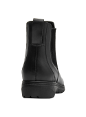Botín de cuero negro estilo Chelsea para mujer, con suela baja duradera y elástico lateral para un ajuste cómodo.