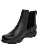 Botín Chelsea negro de cuero para mujer con acabado liso y elástico lateral, ideal para ocasiones formales e informales.
