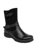 Diseño de bota negra de cuero con punta redondeada, correas con hebillas y corte a media pierna, sofisticado y versátil.