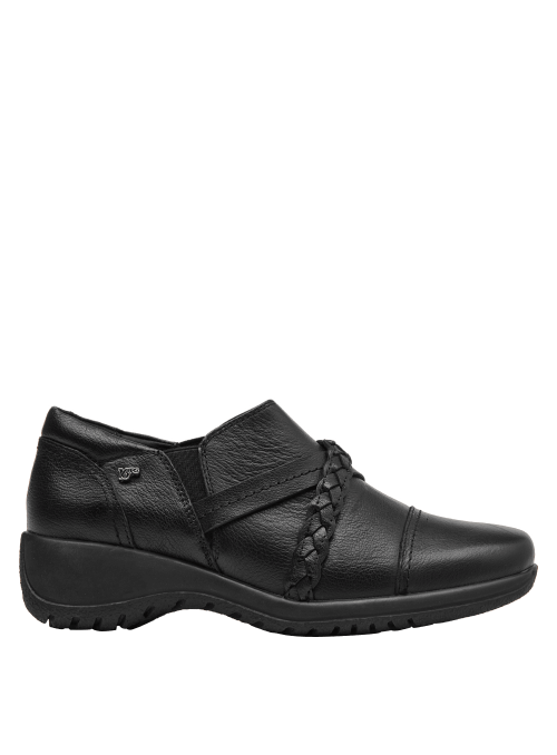 Zapato negro de cuero para mujer con detalle trenzado, suela de goma antideslizante, perfecto para estilo casual diario.