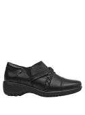 Calzado zapato negro casual de cuero para mujer, cómodo y elegante, con diseño trenzado y soporte adecuado para caminar.