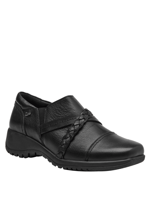 Zapato negro de cuero para mujer con detalle trenzado, suela de goma antideslizante, perfecto para estilo casual diario.