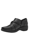 Zapato negro de cuero para mujer, diseño casual con detalle trenzado y suela antideslizante.