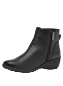 Botín negro de cuero para mujer, diseño moderno con textura reptil, ideal para ocasiones casuales o semi-formales.