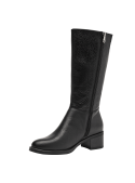 Elegante bota de cuero negro con talón cuadrado y robusto, perfecta para ocasiones formales o uso diario.