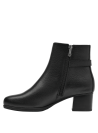 Botín de cuero negro para mujer con talón cuadrado de altura media y hebilla lateral metálica, perfecto para uso diario.