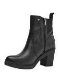 Botín negro de cuero estilo Chelsea para mujer con caña media y tacón cuadrado, ideal para combinar con diversas prendas.