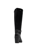 Bota de cuero negro para mujer, caña alta con textura contrastante, cómoda y versátil, ideal para un uso diario elegante.