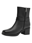 Botín negro de cuero para mujer, diseño elegante y sobrio, adecuado para uso diario o formal, con cierre lateral trenzado.