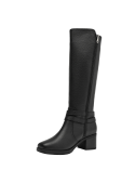 Bota alta negra de cuero para mujer, con tacón cuadrado que ofrece comodidad y soporte sin perder estilo.
