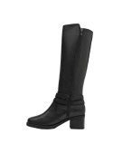 Calzado de cuero negro para mujer, bota casual con textura uniforme, perfecta para combinar con diversos atuendos.