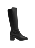 Bota negra de cuero para mujer, estilo casual, con caña alta y tacón cuadrado medio, ideal para invierno o lluvias.