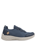 zapatilla azul casual de mujer con cuello tipo calcetín para fácil uso y ajuste cómodo, incluye etiqueta lateral distintiva.